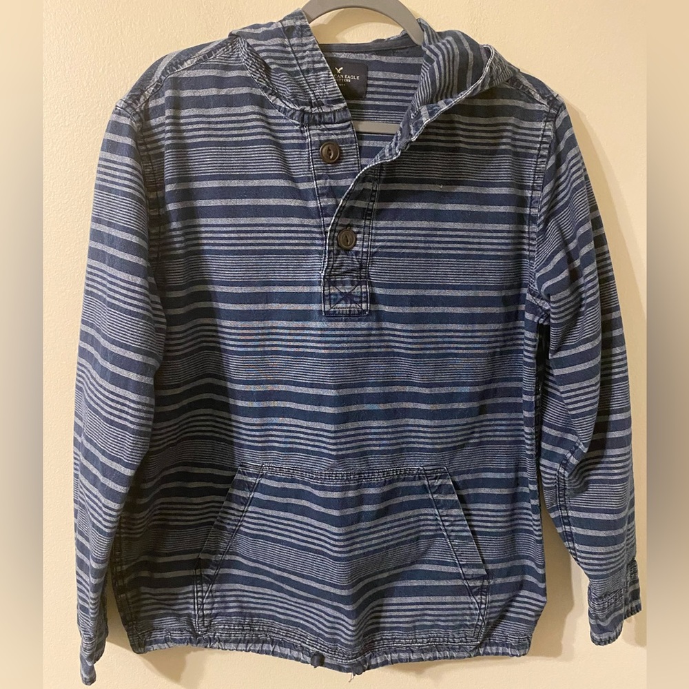 Mens American Eagle Blue Striped Hooded Pullover Shacket 2-Button Size Medium